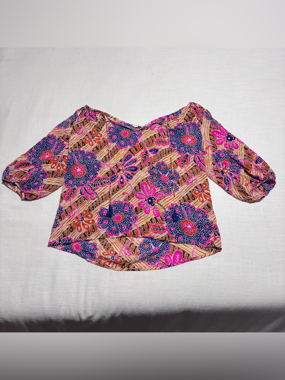 Trina Turk Silk Blend Colorful Abstract Floral 3/4 Sleeve Blouse | Size Large??